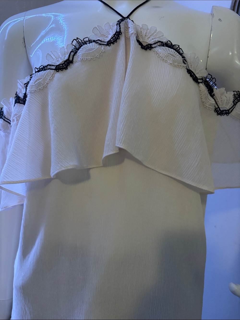 Off-Shoulder White Ruffle Camisole with Black Trim - Picture 4 of 9